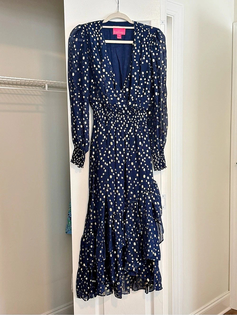 Lilly Pulitzer Starlit Glow V-Neck Tiered Dress Floral Midi Blue & Yellow Small